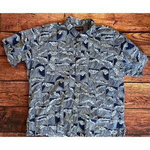 Vintage Blue & White Wave Pattern Hawaiian Shirt, Size Medium, Island Style Shir